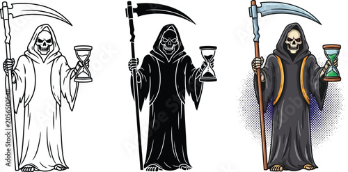 Foto Grim Reaper with hourglass representing death and the passage of time in various