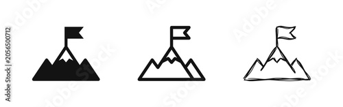 Tableau sur toile Mountain peak with flag icon set in three styles: solid, outline, and hand-drawn