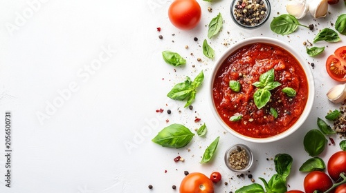 Fresh tomato sauce garnished with basil serves as a vibrant culinary background for recipes.