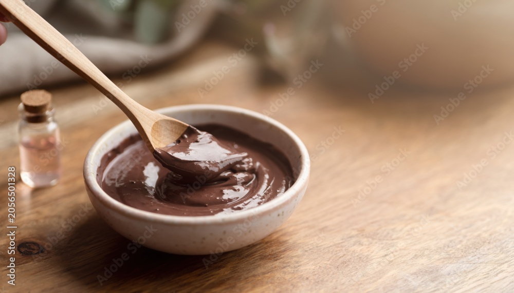 Fototapeta premium Homemade natural face mask in a ceramic bowl with wooden spoon on rustic wooden table surrounded by soft fabric and essential oil bottle in background