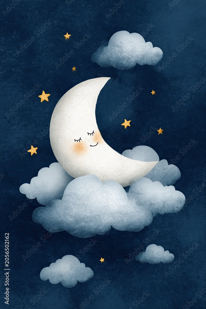 Obraz premium Sleepy moon resting on clouds among stars. AI-generated.