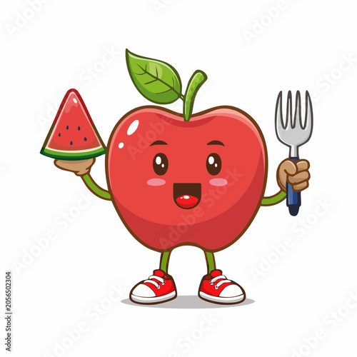 Cute Apple Character Holding Watermelon Slice and Fork