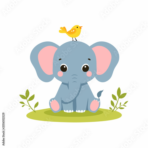 Cute cartoon elephant with a bird on its head