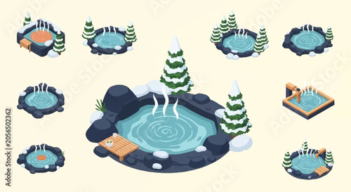 Obraz na plátne Collection of isometric hot springs and onsen pools in winter with snow and trees