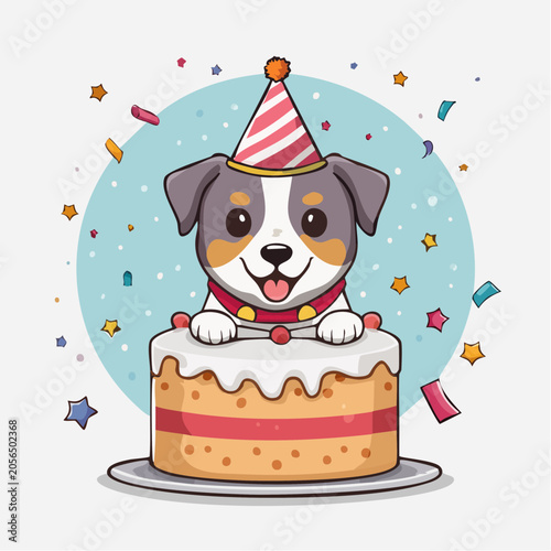 Cute Dog Wearing Party Hat on Birthday Cake with Confetti