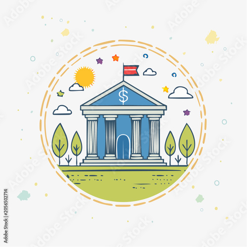 Stylized Bank Building with Dollar Sign and Nature Elements