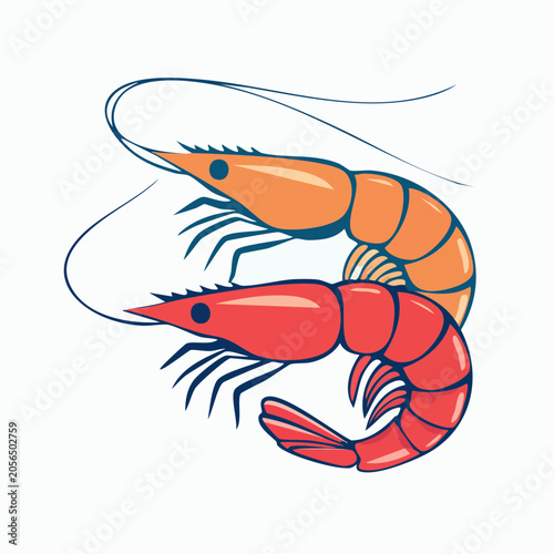 Two stylized shrimp, one orange and one red, on a white background