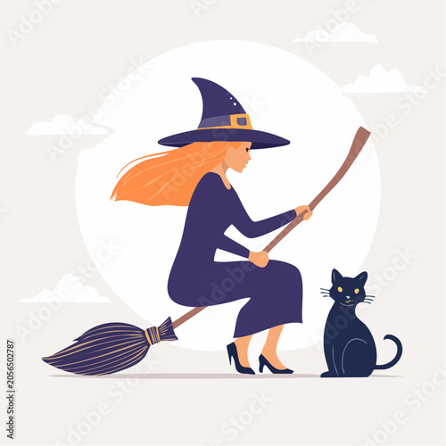 Witch flying on broomstick with black cat under the moon