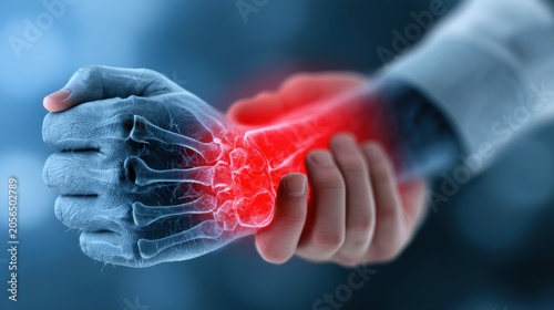 Symptoms of Carpal tunnel. Hand holding wrist with digital illustration highlighting bone pain or injury in red.