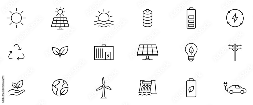 Fototapeta premium Set of eco energy outline icons including sun, solar panel, battery, recycling, leaf, power plant, light bulb, wind turbine, hydro power, electric car and more on transparent background