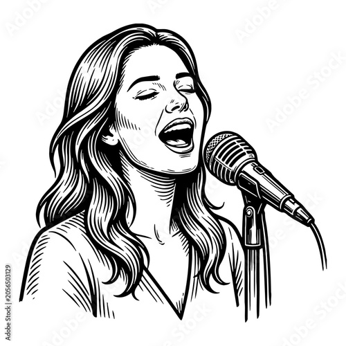 Close-up illustration of a woman singing passionately into a vintage microphone, with eyes closed and mouth open, her wavy hair flowing, in a detailed line art style