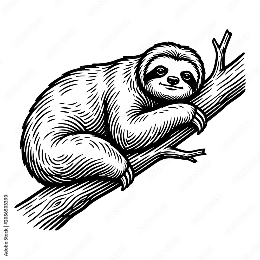 Naklejka premium Engraved illustration of a sloth resting on a tree branch, showing detailed fur texture and a serene expression, ideal for natural history or wildlife themes