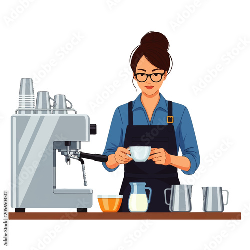 Slika na platnu Vector flat design illustration of a barista preparing coffee with an espresso m