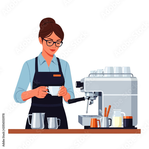 Vector flat design illustration of a friendly female barista preparing coffee with an espresso machine and milk jugs