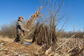 The hunter collected dry reeds to disguise his duck hunting hideout