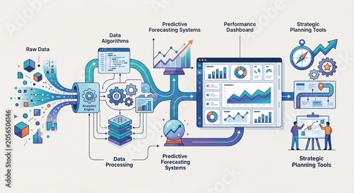 Data analytics pipeline illustrating raw data processing algorithms predictive forecasting systems performance dashboards and strategic planning tools for business insights