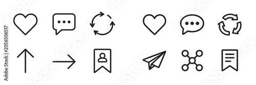 Social media line icon set with heart comment repost share bookmark and arrow symbols for user interface design