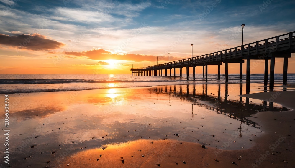 Obraz premium Sunset over calm ocean with pier reflection at beach