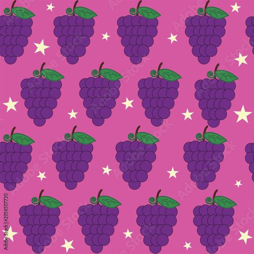 Purple grapes pattern with stars. Grapes seamless pattern. Wrapping paper, textile print, wallpaper, packaging, stationary, scrapbooking. Vector illustration.