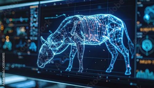 Digital wireframe cow side view on high-tech monitor.