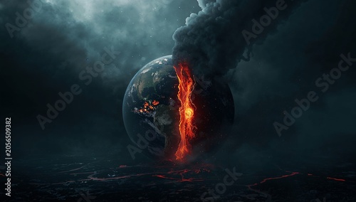 dramatic earth with erupting volcano, fiery lava, ash clouds, and volcanic eruption image