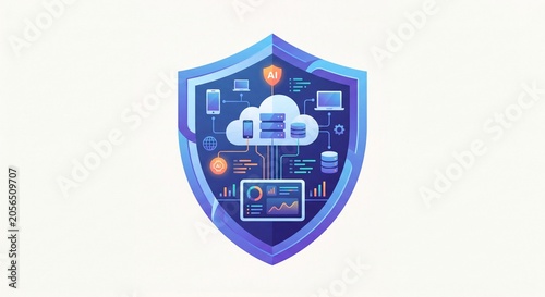 Digital security shield protecting cloud network with ai integration data servers and analytics dashboard for cybersecurity