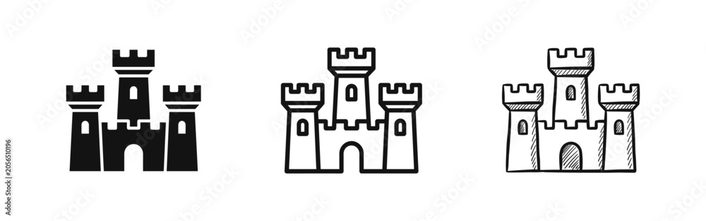 Naklejka premium Medieval Castle Icon Collection: Fortress, Royal Palace, and Historic Building Symbols in Diverse Styles