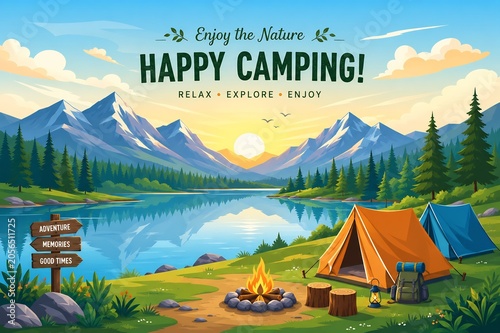 Outdoor camping poster design with mountain landscape - ai generative