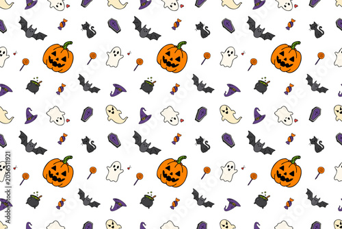 Seamless Halloween pattern with pumpkins, ghosts and bats