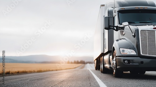 A large, black semi-truck driving down a long, empty highway during a golden sunset. The truck is captured from the side, showcasing its front wheels and trailer as it heads towards the horizon.