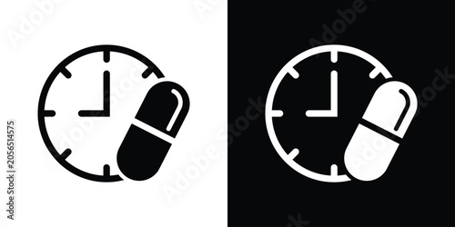 Foto Clean clock icon tracking a medical capsule, symbolizing scheduled pill intake, therapy duration, or pharmacy reminders