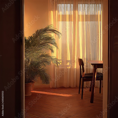 Cozy Indoor Space with Sunlight and Green Plant Accents