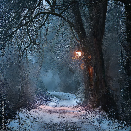 Mysterious Foggy Pathway with Lantern in Serene Forest at Night