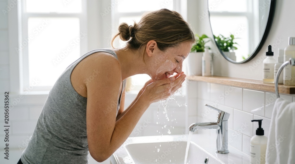 Fototapeta premium A young woman washes her face with water in a bathroom. She is wearing a gray tank top and her hair is pulled back in a bun.