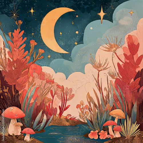 Dreamy Landscape with Moon, Clouds, and Colorful Plants and Mushrooms