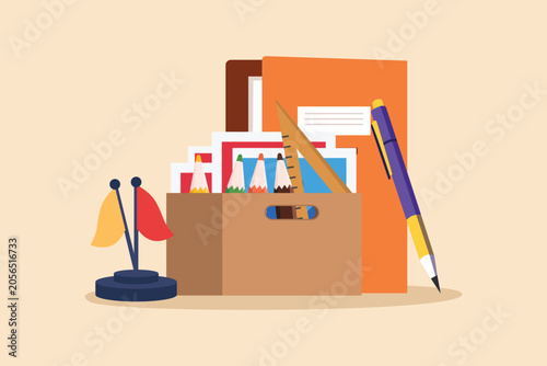 Complete school supplies kit with books and stationery. School equipment concept. Colored flat graphic vector illustration isolated.