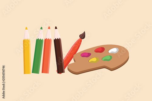 Art supplies with colored pencils and paint palette. School equipment concept. Colored flat graphic vector illustration isolated.