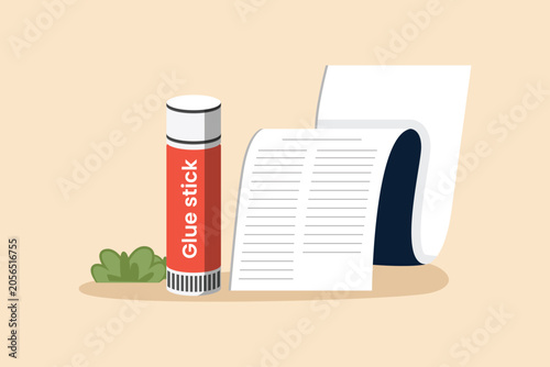 Glue stick and paper for classroom projects. School equipment concept. Colored flat graphic vector illustration isolated.