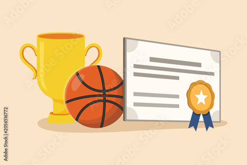 School achievement concept with trophy and certificate. School equipment concept. Colored flat graphic vector illustration isolated.