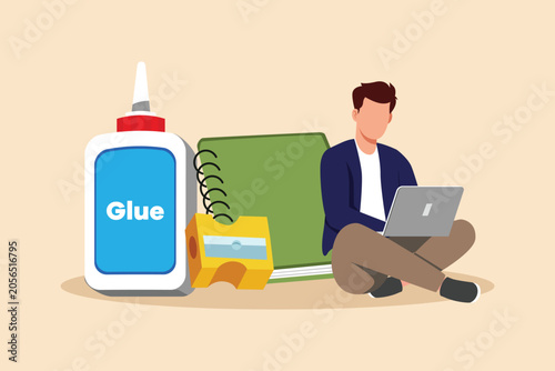 School stationery set with glue and notebooks. School equipment concept. Colored flat graphic vector illustration isolated.