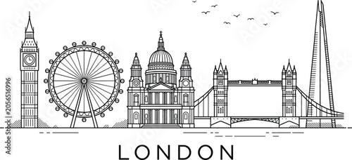 Foto London landmarks skyline line drawing vector illustration with Big Ben, London E