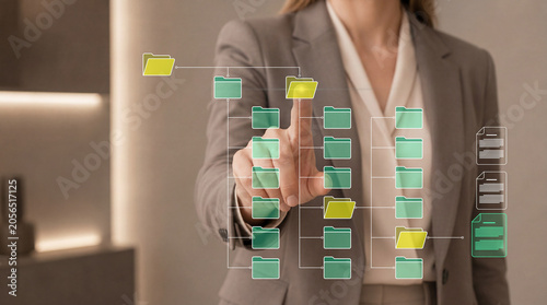 Document organization and records management. File structure, document workflow and digital document control system. Business professional managing documents through digital interface
