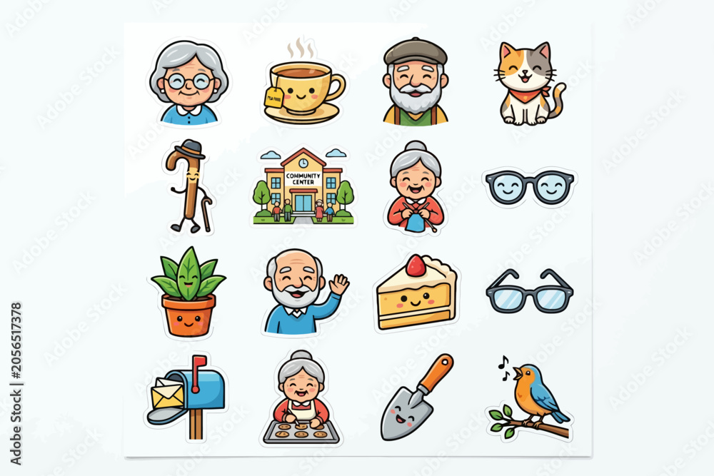 Fototapeta premium Senior Lifestyle Cartoon Sticker Collection on White Background