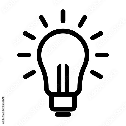 Minimalist black outline vector icon of a shining light bulb with rays and visible filament isolated on white background, representing creative inspiration, brainstorm, and innovation solutions.
