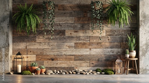 Wooden paneling wall with greenery background. Eco style home interior design of modern living room 