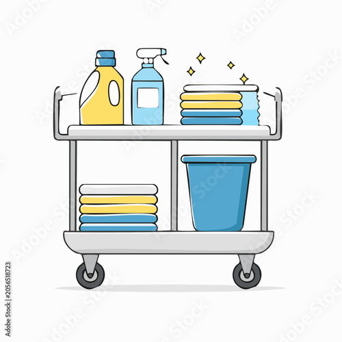Cleaning Cart with Supplies and Folded Laundry