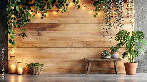 Wooden paneling wall with greenery background. Eco style home interior design of modern living room 
