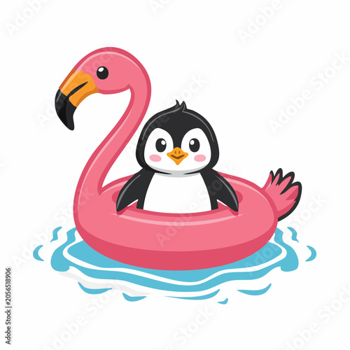 Cute Penguin on Flamingo Float in Water