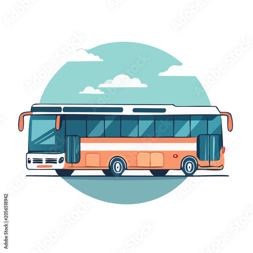 Flat design illustration of an orange and white bus with clouds