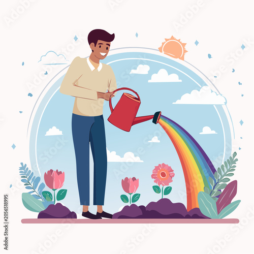 Man watering flowers with a rainbow